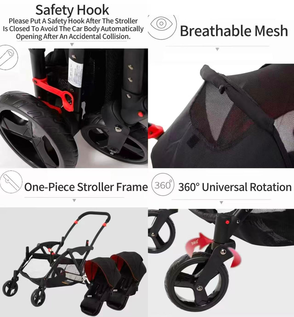 Rexhan Twin Double Pushchair 0–4Y Foldable Tandem Stroller Black