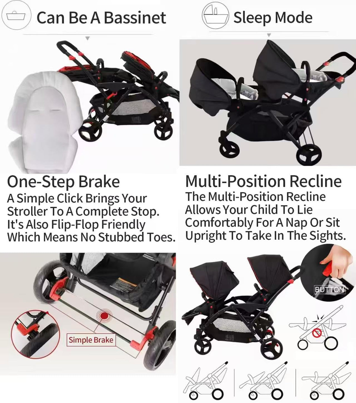 Rexhan Twin Double Pushchair 0–4Y Foldable Tandem Stroller Black