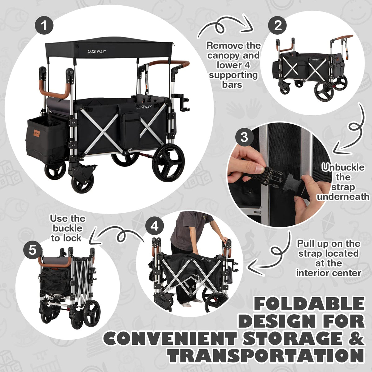 COSTWAY Push Pull Stroller Wagon for 2 Kids | Black