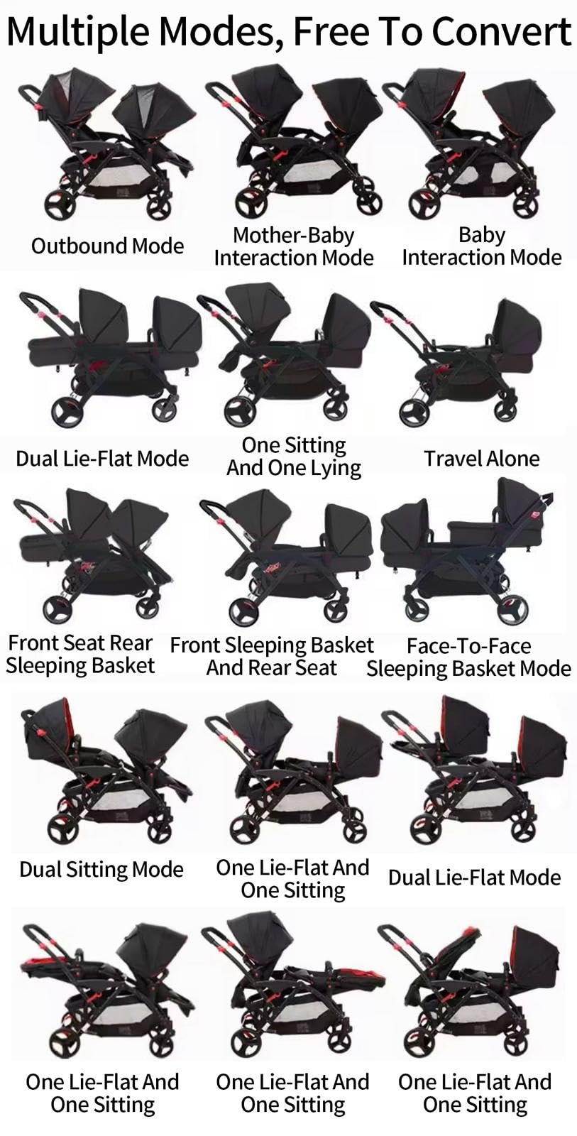 Rexhan Twin Double Pushchair 0–4Y Foldable Tandem Stroller Black