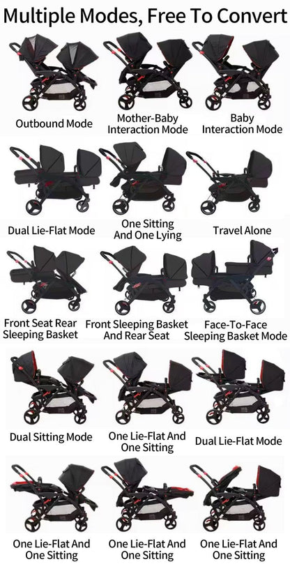 Rexhan Twin Double Pushchair 0–4Y Foldable Tandem Stroller Black
