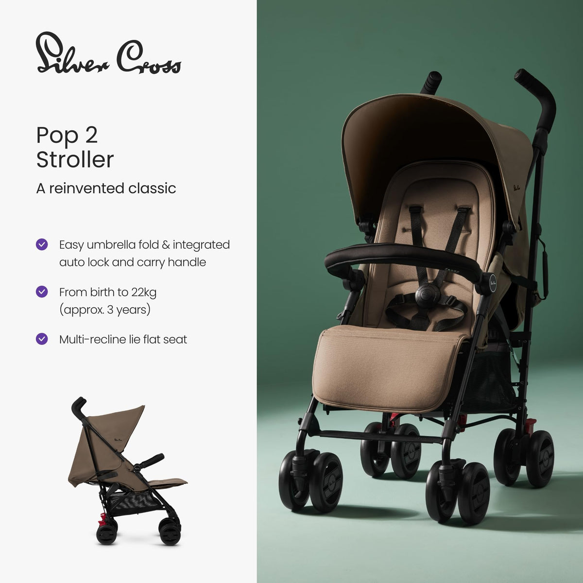 Silver Cross Pop 2 Everyday Stroller Birth to 22kg Sage