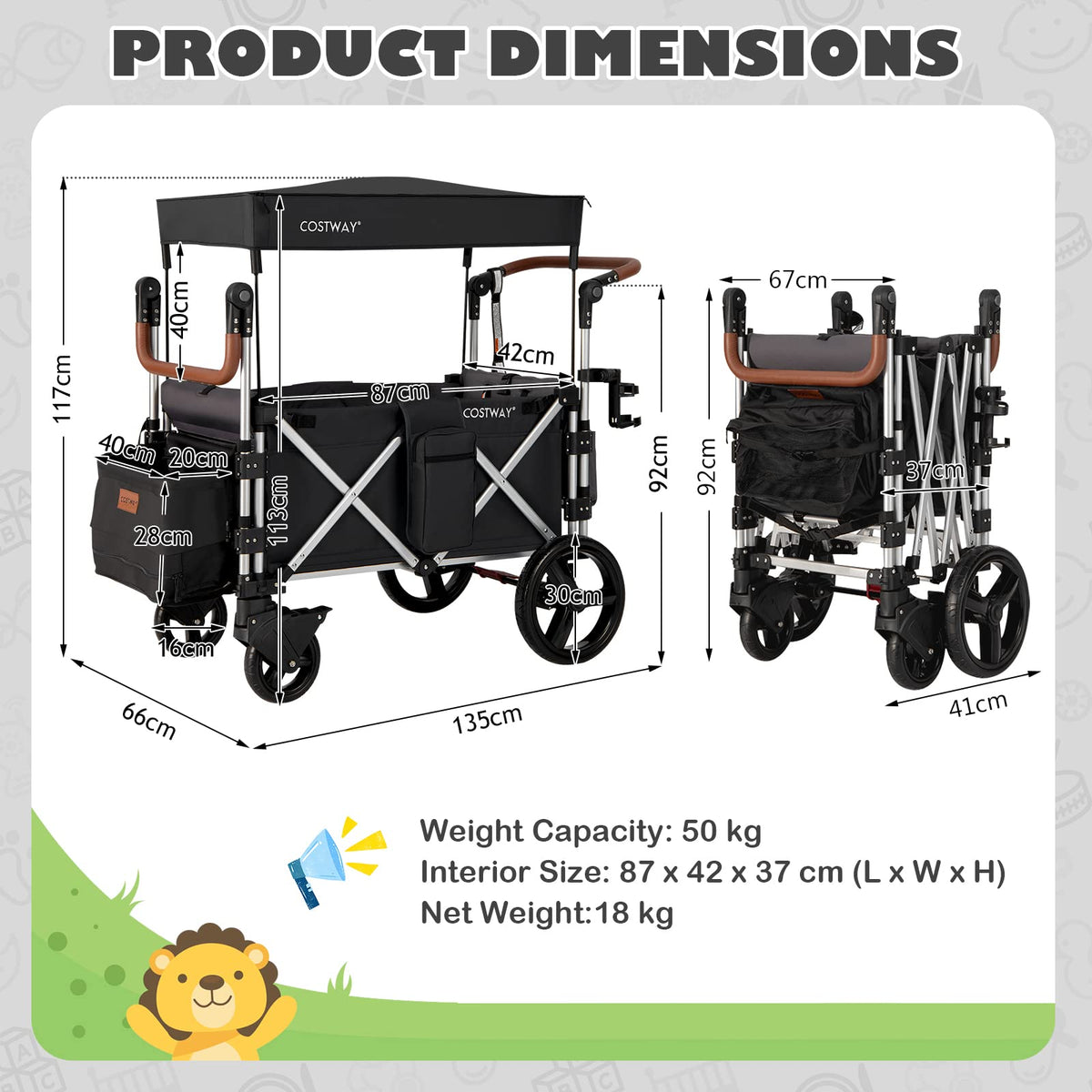 COSTWAY Push Pull Stroller Wagon for 2 Kids | Black