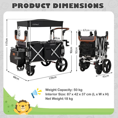 COSTWAY Push Pull Stroller Wagon for 2 Kids | Black