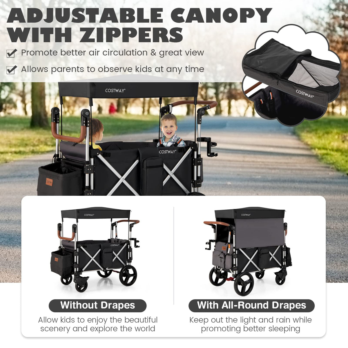COSTWAY Push Pull Stroller Wagon for 2 Kids | Black