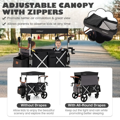 COSTWAY Push Pull Stroller Wagon for 2 Kids | Black