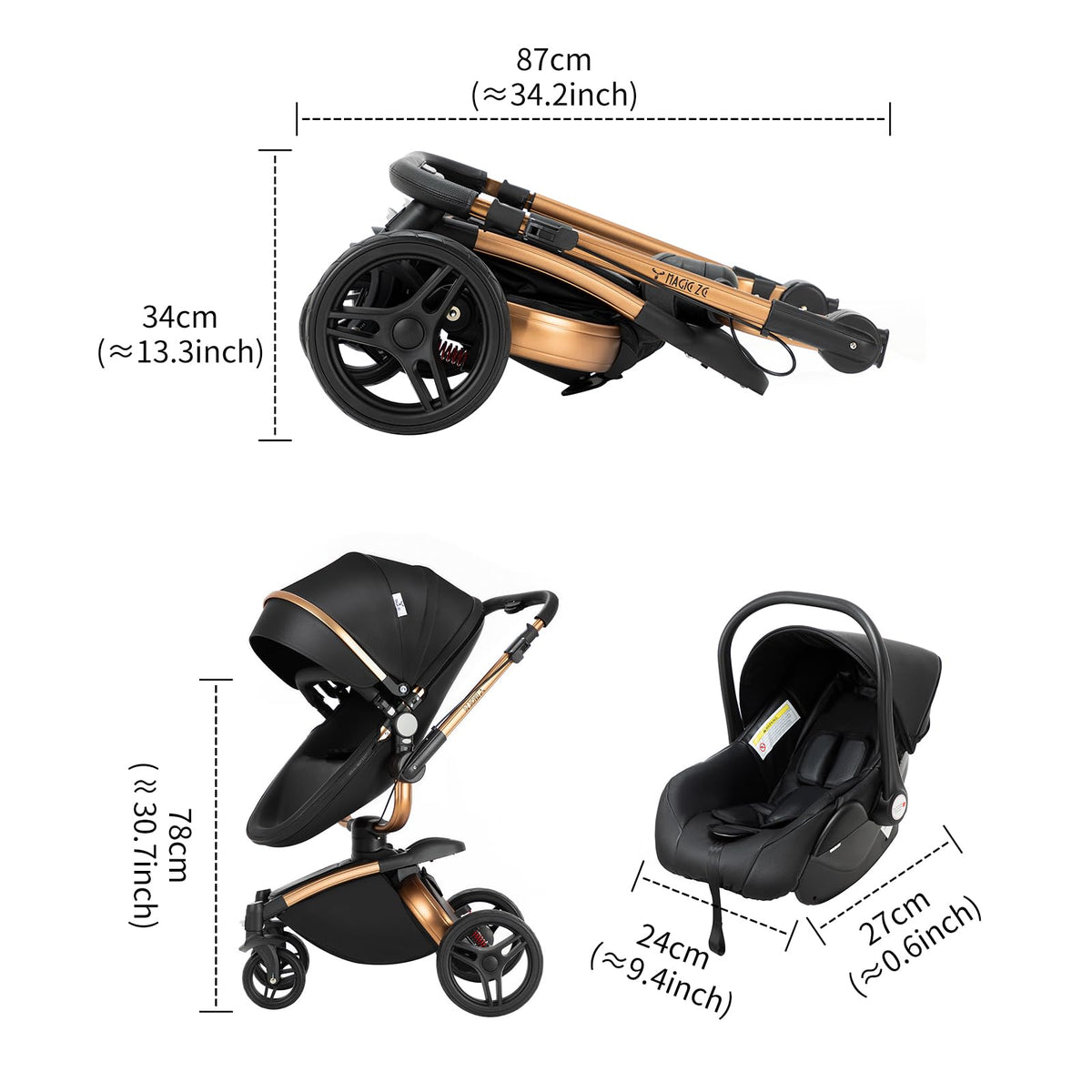 Magic ZC 3-in-1 Baby Stroller PU Leather – White 906