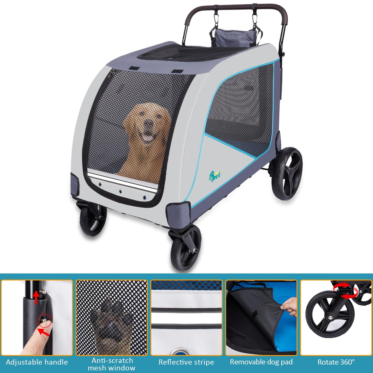 Ownpets XL Pet Stroller for Medium–Large Dogs with Brakes Blue