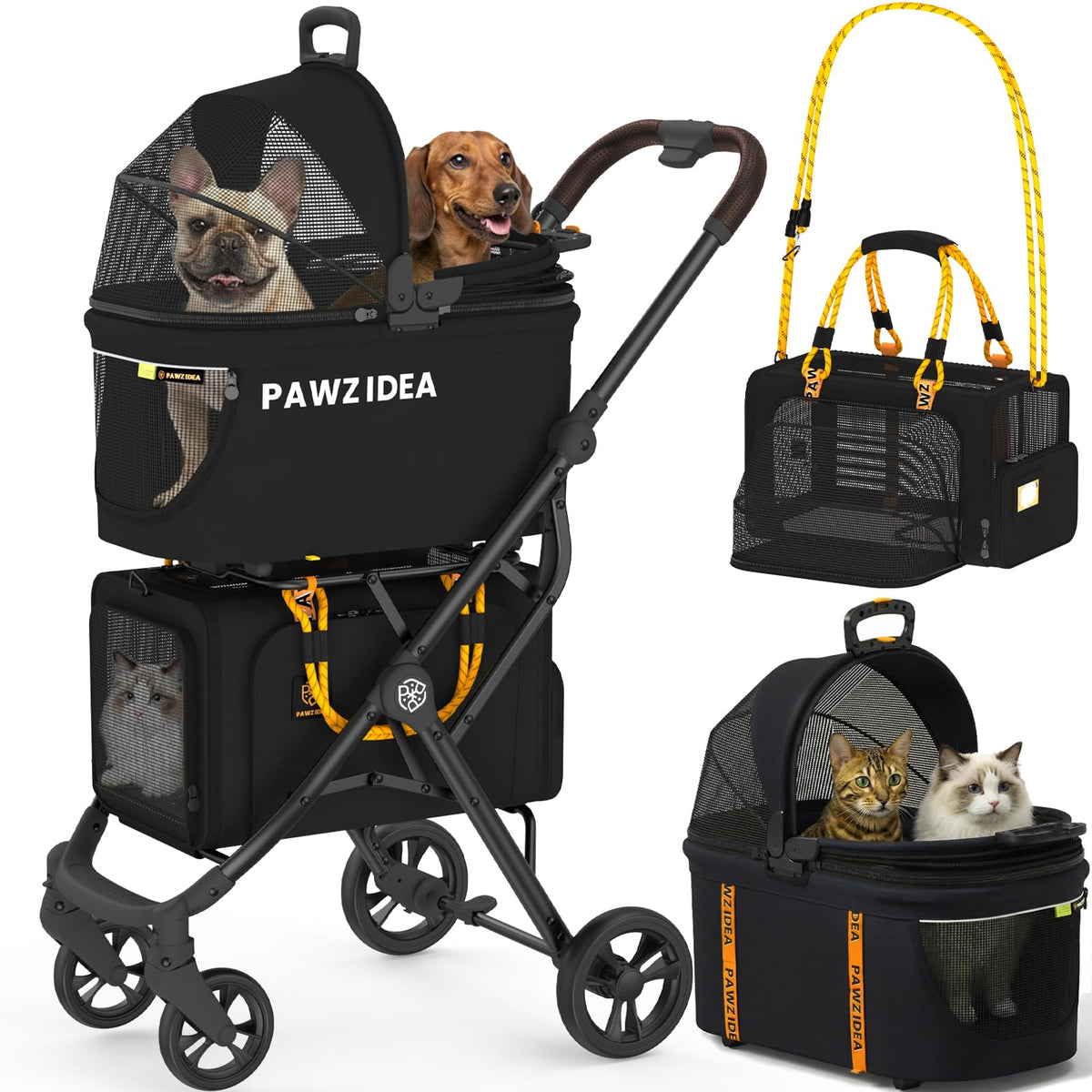 PAWZIDEA Double Pet Stroller 2 Carriers TSA-Approved Cats Dogs