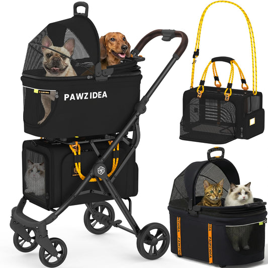 PAWZIDEA Double Pet Stroller 2 Carriers TSA-Approved Cats Dogs