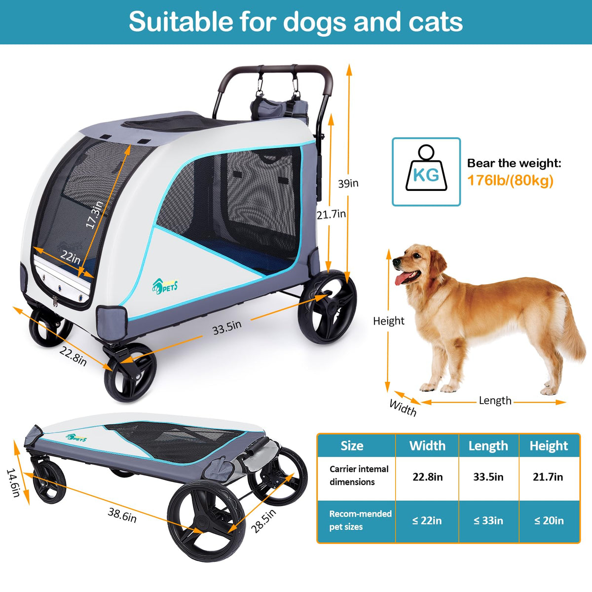 Ownpets XL Pet Stroller for Medium–Large Dogs with Brakes Blue