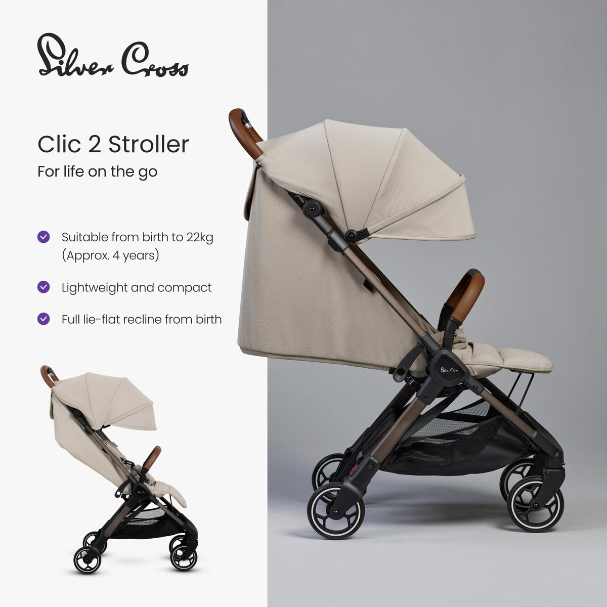 Silver Cross Clic 2 Compact Stroller & Travel Bag Birth–22kg Latte