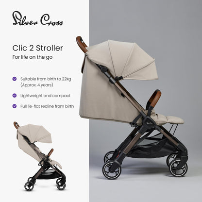 Silver Cross Clic 2 Compact Stroller & Travel Bag Birth–22kg Latte