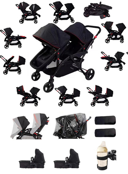 Rexhan Twin Double Pushchair 0–4Y Foldable Tandem Stroller Black
