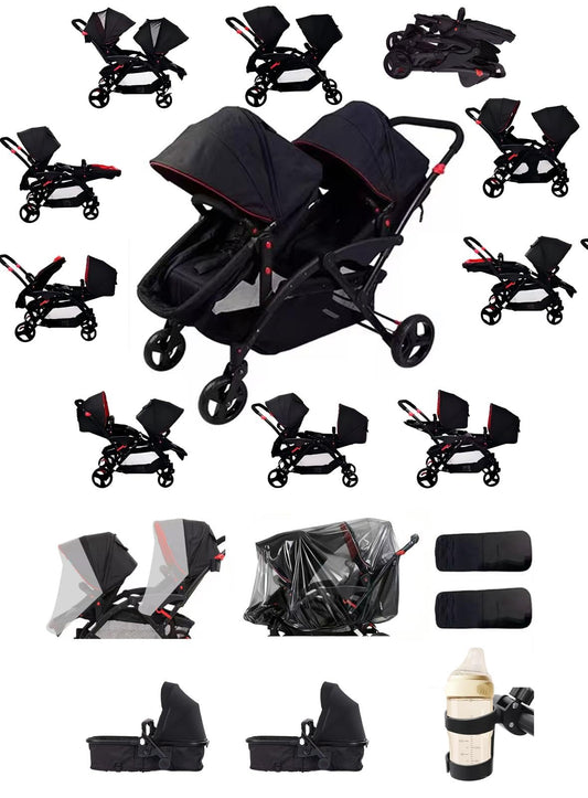Rexhan Twin Double Pushchair 0–4Y Foldable Tandem Stroller Black