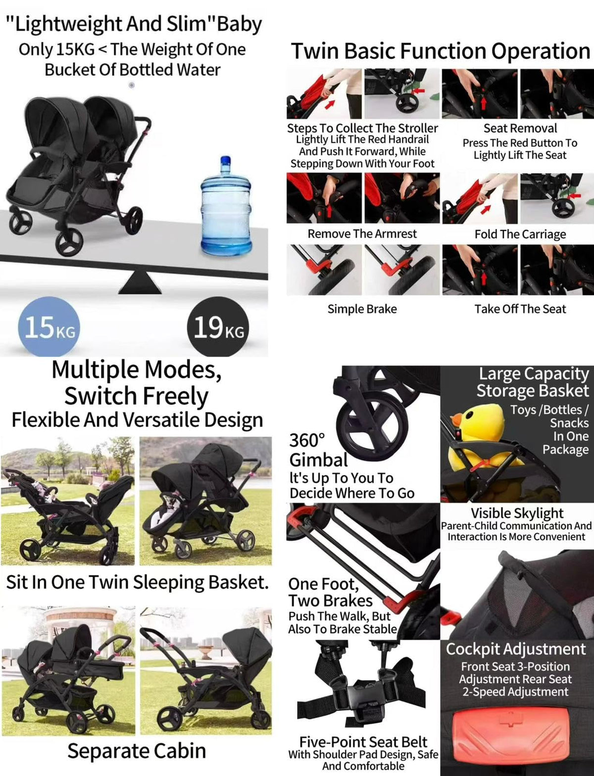 Rexhan Twin Double Pushchair 0–4Y Foldable Tandem Stroller Black