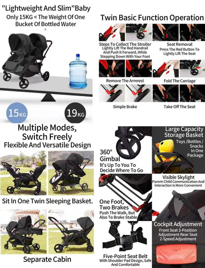 Rexhan Twin Double Pushchair 0–4Y Foldable Tandem Stroller Black