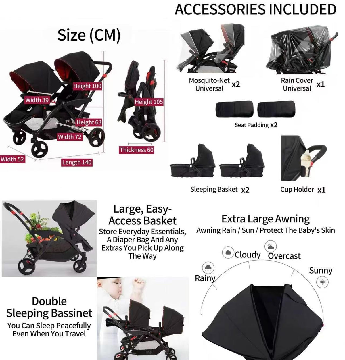 Rexhan Twin Double Pushchair 0–4Y Foldable Tandem Stroller Black