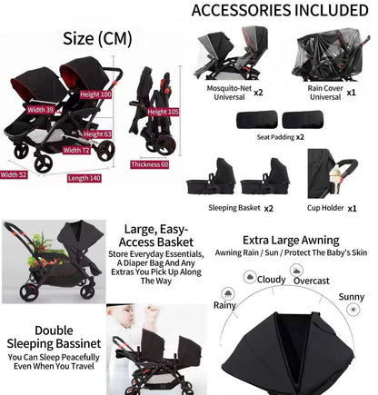 Rexhan Twin Double Pushchair 0–4Y Foldable Tandem Stroller Black