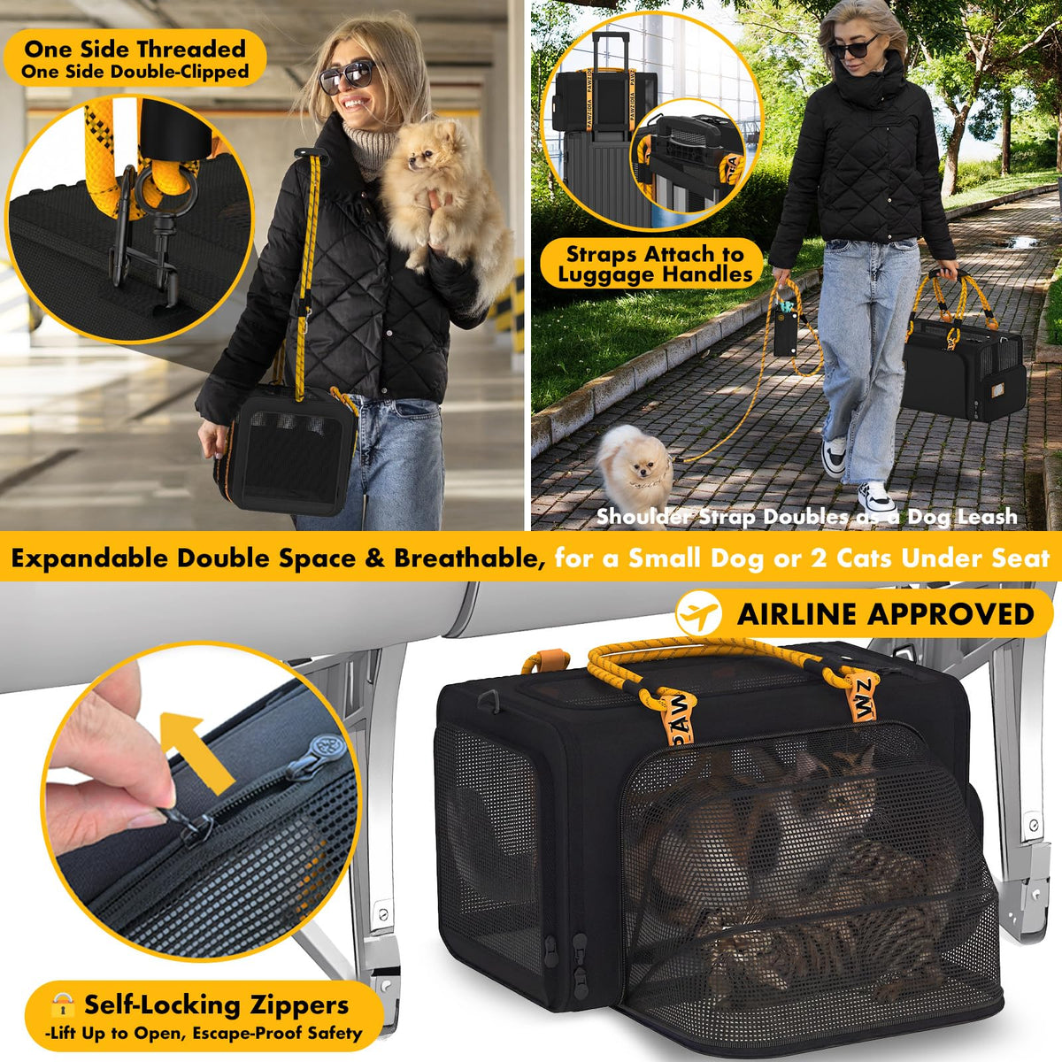 PAWZIDEA Double Pet Stroller 2 Carriers TSA-Approved Cats Dogs