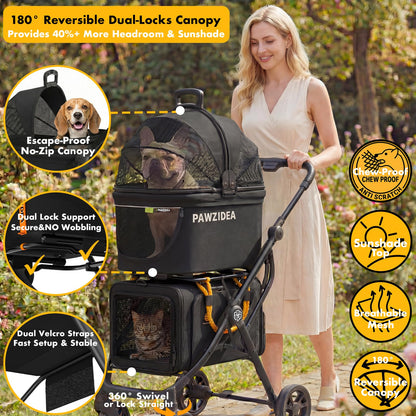 PAWZIDEA Double Pet Stroller 2 Carriers TSA-Approved Cats Dogs