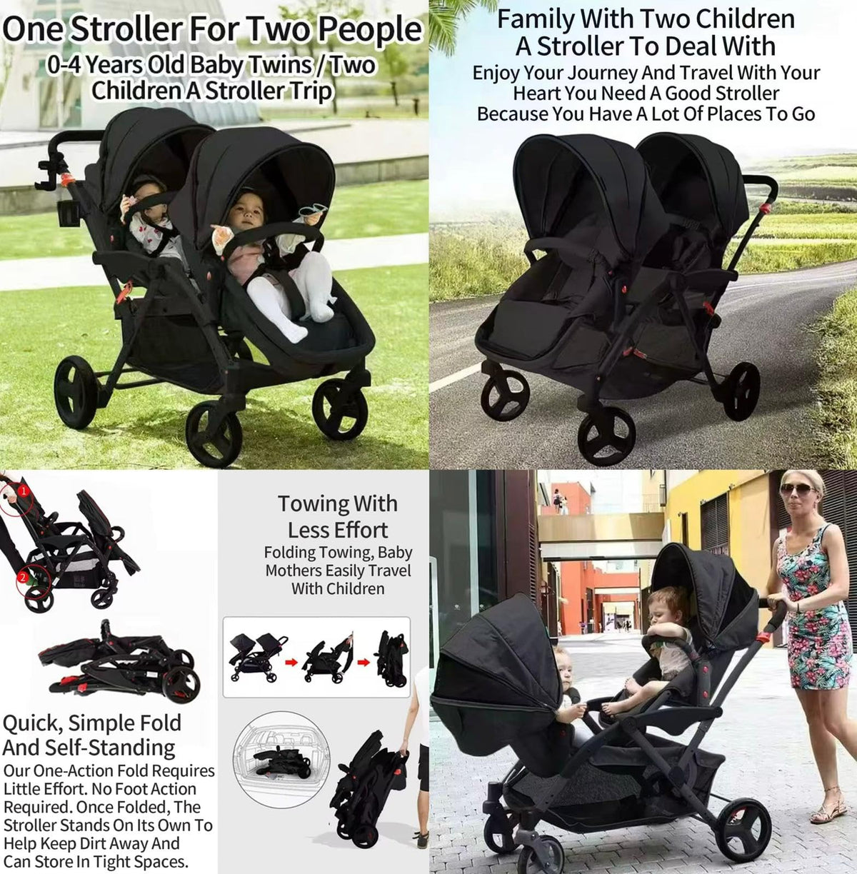 Rexhan Twin Double Pushchair 0–4Y Foldable Tandem Stroller Black