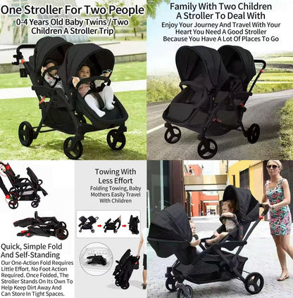 Rexhan Twin Double Pushchair 0–4Y Foldable Tandem Stroller Black
