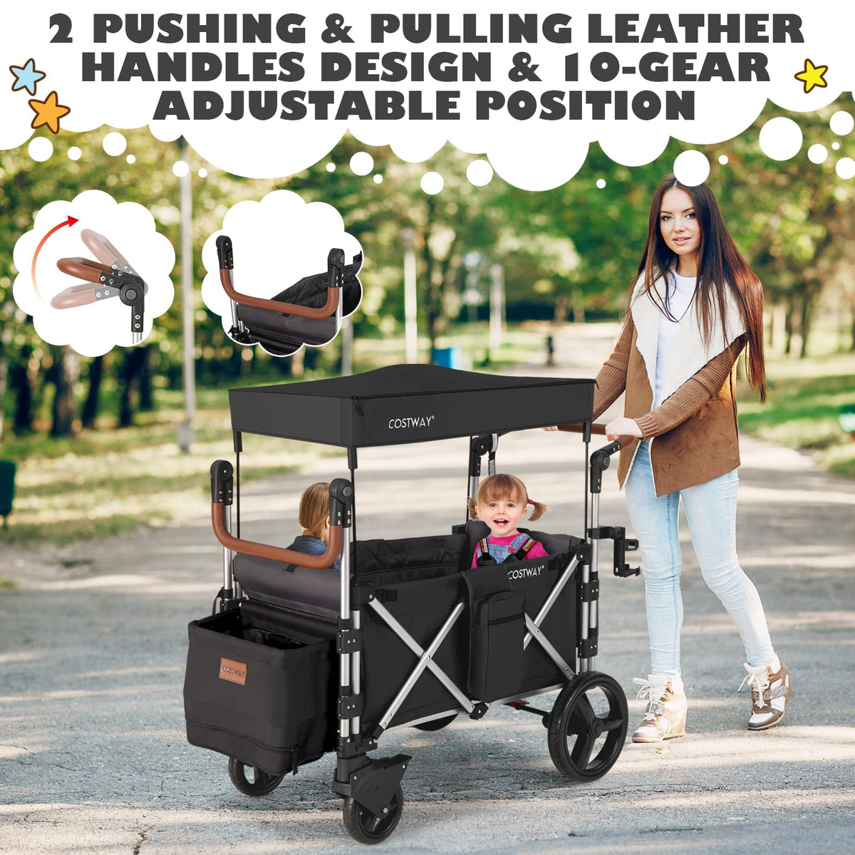 COSTWAY Push Pull Stroller Wagon for 2 Kids | Black