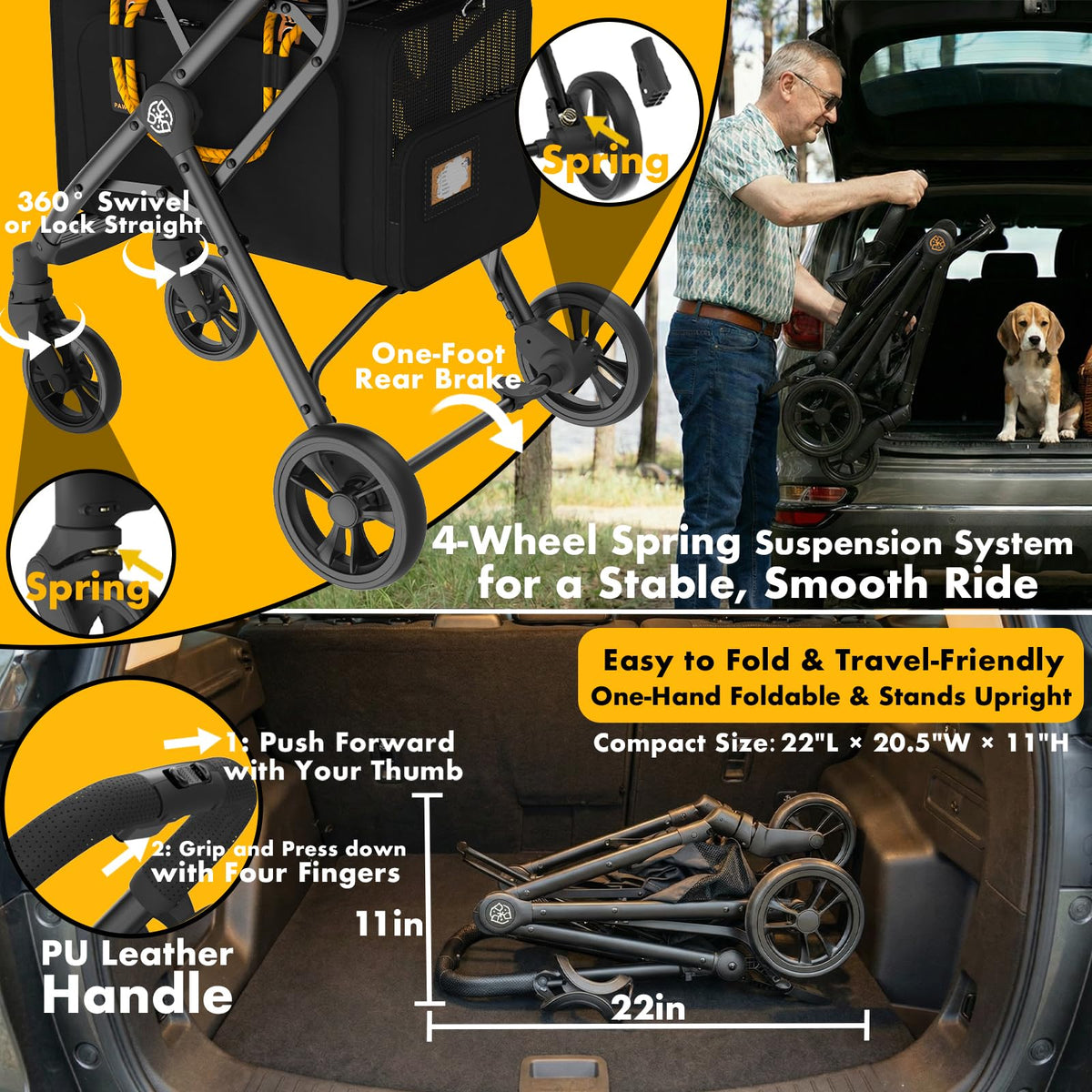 PAWZIDEA Double Pet Stroller 2 Carriers TSA-Approved Cats Dogs