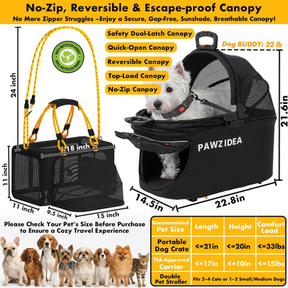PAWZIDEA Double Pet Stroller 2 Carriers TSA-Approved Cats Dogs