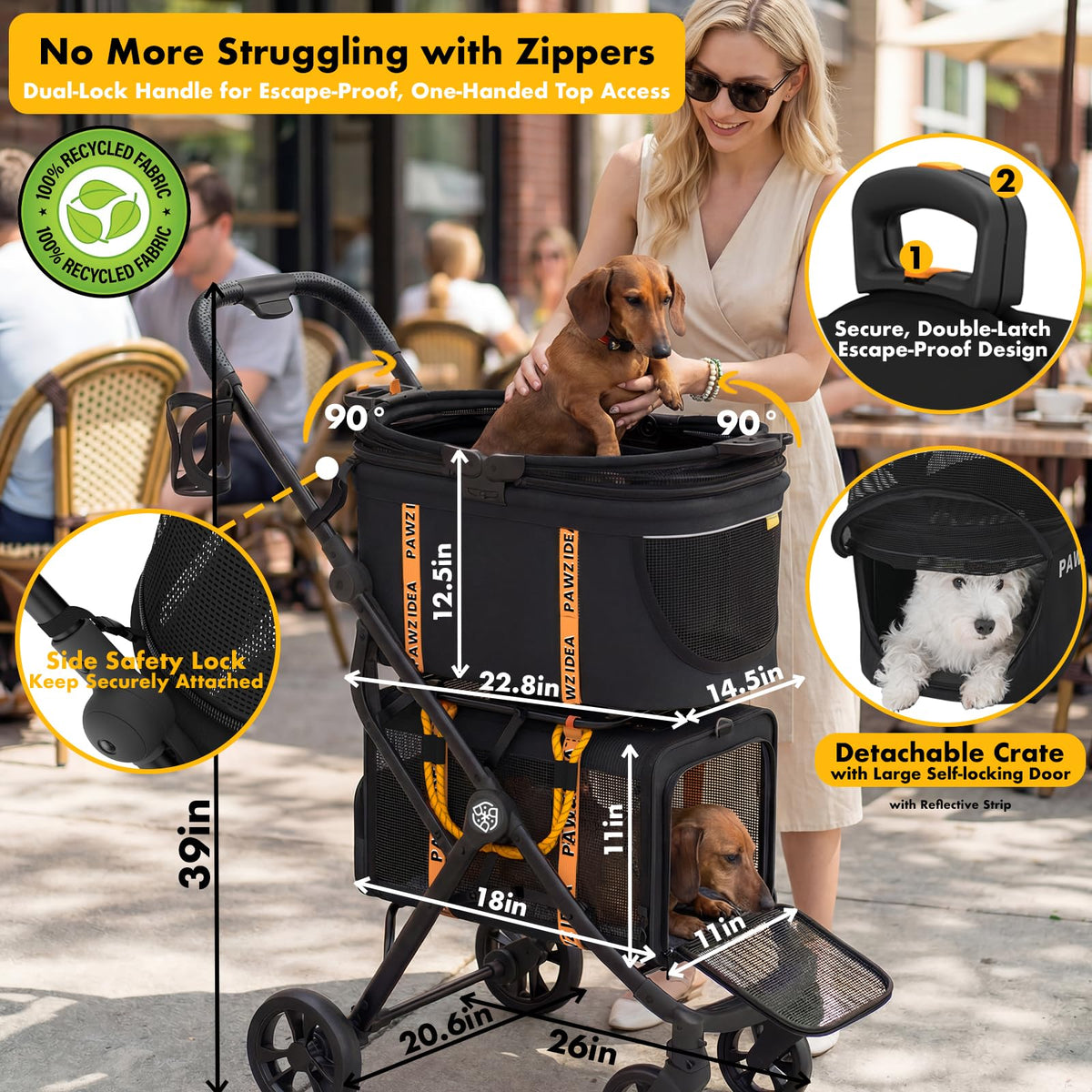 PAWZIDEA Double Pet Stroller 2 Carriers TSA-Approved Cats Dogs
