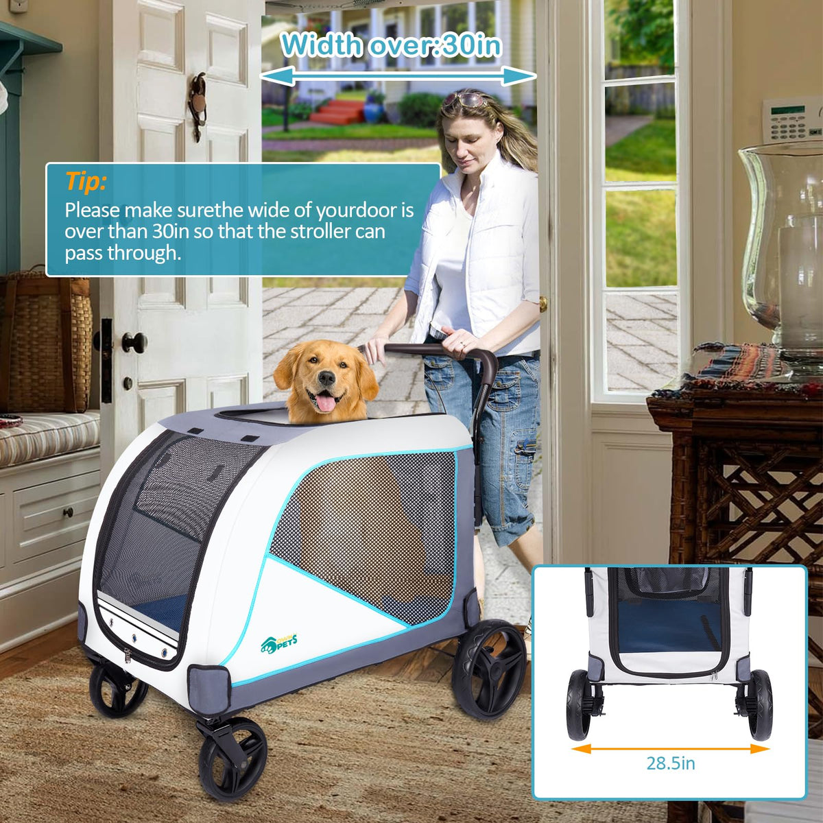 Ownpets XL Pet Stroller for Medium–Large Dogs with Brakes Blue