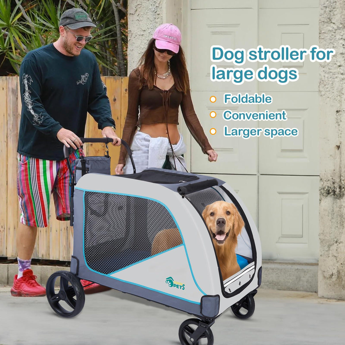 Ownpets XL Pet Stroller for Medium–Large Dogs with Brakes Blue