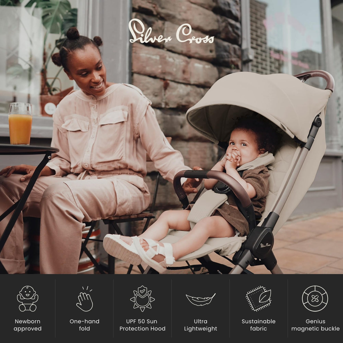 Silver Cross Clic 2 Compact Stroller & Travel Bag Birth–22kg Latte
